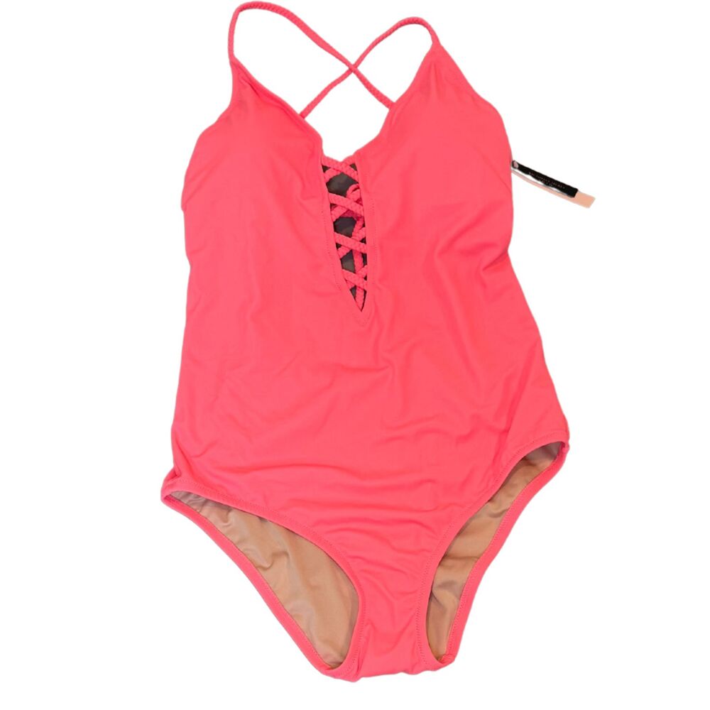 NWT Victoria's Secret Hot Pink Negril Plunge One Piece Open Back Swim Suit Sz L